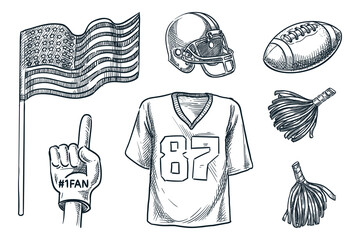 American football lovers accessories set, isolated on white background. Vector sketch illustration of sports equipment © Qualit Design