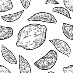 Set of whole lemon, slice and leaf. Seamless pattern. Sketch scratch board imitation. Black and white.