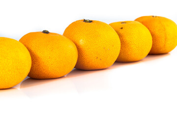 Group of Satsuma Mandarine in a line isolated on a white background,