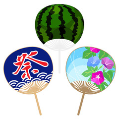 スイカ・祭・朝顔柄うちわ3本セット【日本の夏】