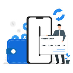 Businessman are exchanging currency via credit card on a mobile phone,Withdrawing money into the wallet,Blue tone vector character illustration