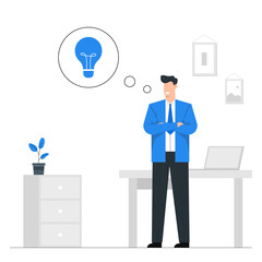 Businessman stand to think of business ideas,Creativity for work,Blue tone vector illustration