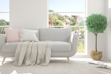 Fototapeta premium White living room with sofa. Scandinavian interior design. 3D illustration