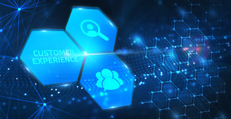 Business, Technology, Internet and network concept. Technology future. Young businessman, working on the smartphone of the future, clicks on the virtual display button: Customer Experience.