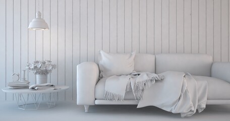 White minimalist living room with sofa. Scandinavian interior design. 3D illustration