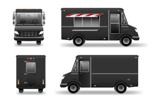 Black Food Truck Hi-detailed vector template for Mock Up Brand Identity. Food truck vector template for car branding and advertising. Isolated delivery van illustration on white.