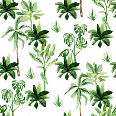 Watercolor tropical plants and trees seamless pattern. Africa summer kids jungle background, savannah pattern for the wrapping paper, textile fabric, wallpaper decor, greeting card, party card