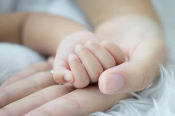 Fototapeta na wymiar Baby hand In Mother Hands.