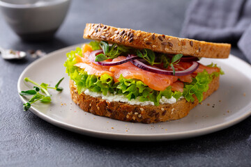 Sandwich with salmon, vegetables and cream cheese on plate. Grey background. Close up.