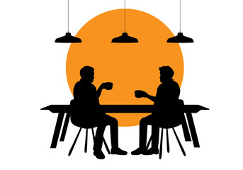 Silhouettes Of People. Silhouette Of a Table In a Cafe. Vector Black Illustration Isolated On White Background.