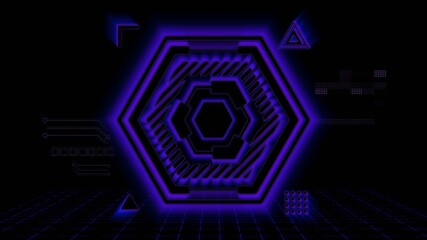 virtual polyhedron backlit part. sci fi neon background. 3d illustration. elements of electronic parts close-up with a bright violet glow. hud eleme