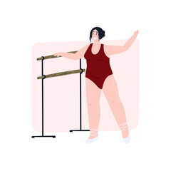 Plus size woman ballerina is training. Cartoon hand drawn concept illustration for body positive, self love and acceptance.