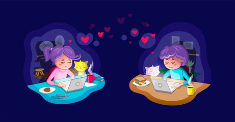 Virtual relationships. Young couple on an online chat, referring to long distance love/relationship or online dating in form of valentine card. Boyfriend and girlfriend in love. Love through internet.