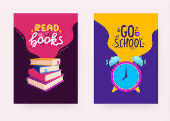 Set of school banners with objects and text.