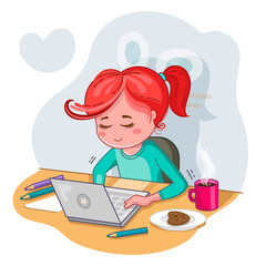 Home studying. Online education. Stay home. Work from home. A young woman seat at a desk with a laptop.