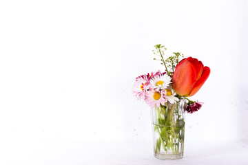 Tulip and pink flowers in a glass cup on a white background.