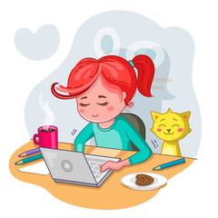 Home studying. Online education. Stay home. Work from home. A young woman seat at a desk with a laptop and cat.