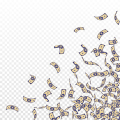 Chinese yuan notes falling. Small CNY bills on tra