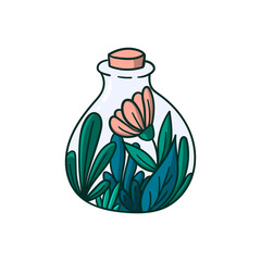 Succulent plants in a bottle doodle style hand drawn concept illustration for logo, label, stamp, sticker.