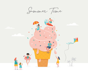 Summer scene, group of people having fun around a huge ice cream, surfing, swimming in the pool, drinking cold beverage, playing on the beach
