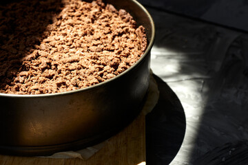 Chocolate cake in a split baking dish. Homemade cake. Pie on a grey background