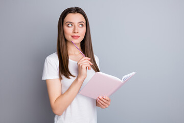 Portrait minded ponder girl look copyspace hold copybook touch pencil chin think thoughts do report...
