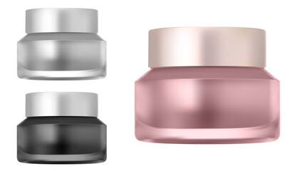 Cream jar mockup. Cosmetic bottle realistic mockup. Set of 3d plastic pack for skin care product as scrub. Empty glass tube