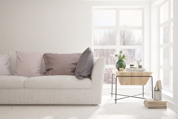 White living room with sofa. Scandinavian interior design. 3D illustration