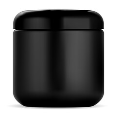 Black cosmetic jar. Plastic cream container mockup. Supplement powder canister
