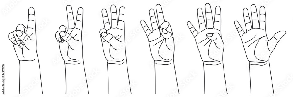 Wall mural numbers from one to five, hand gestures. concept of finger counting in sign language. vector illustr