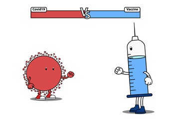 Cute covid-19 vs vaccine syringe fight. lose or win with corona virus vector illustration concept