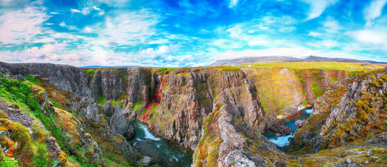 Marvelous view of  Kolugljufur canyon and Kolufossar falls.