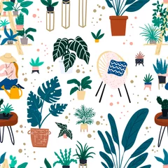 Foto op Plexiglas Planten in pot Tuinieren naadloze patroon. Hand getekend platte cartoon stijl stedelijke jungle concept. Kamerplanten, Scandinavische interieurstijl