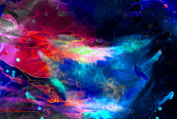 Bright abstract neon dark blue, pink and purple alcohol ink background. Liquid watercolor paint splash texture effect illustration for modern card design, creative banners, ethereal graphic design