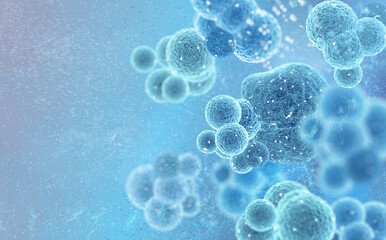 Medical abstract background, microscopic cells in the process of division float in plasma, blue palette, 3D rendering