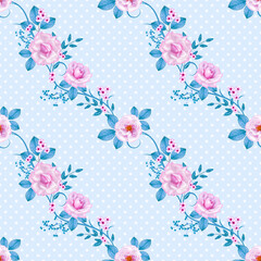 Fototapeta na wymiar Delicate beautiful pink, lilac roses, blue pastel foliage, clusters of berries, flower arrangement, realism, seamless pattern