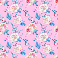 Seamless floral pattern, delicate terry white peonies, pink pastel roses, blue foliage, curls.