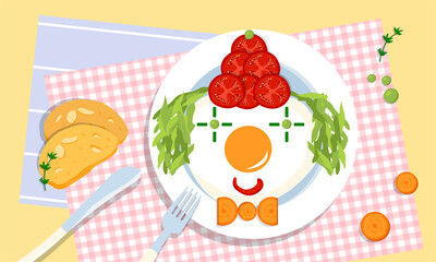 Cute edible clown on a plate, made of tomatoes, fried eggs, peas, salad and carrot by loving and creative parents for their children. Picky eating problem. Parenting challenges. Health and wellness.