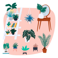 Fototapeta na wymiar Urban jungle interior hand drawn cartoon style vector concept illustration with retro dressing table, shelf and houseplants.