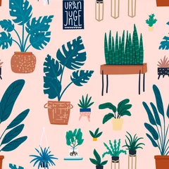 Wallpaper murals Plants in pots Urban jungle seamless pattern. Cartoon flat hand drawn potted houseplants modern scandinavian design background for wrapping paper, wallpaper, fabric textile. Pink and gold