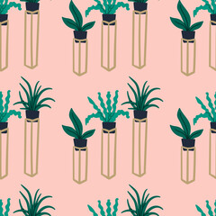 Fototapeta na wymiar Boho chic style urban jungle seamless pattern with hand drawn plants in flowerpots. Wrapping paper, textile, fabric texture