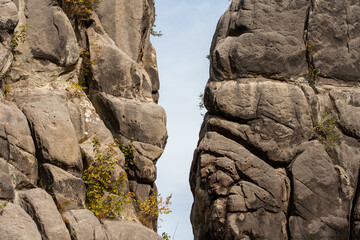 Sandstone rock formation Externsteine in Teutoburg Forest, Germany .