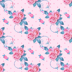 Delicate beautiful pink, lilac roses, blue pastel foliage, clusters of berries, flower arrangement, realism, seamless pattern