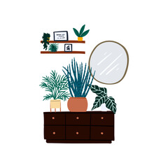 Modern scandinavian boho urban jungle interior decorations with doodle cartoon hand drawn chest of drawers, mirror, shelves and houseplants