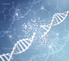 Medical abstract conceptual background, DNA code chain affected by genetic diseases and dangerous changes, disconnection, impaired function, 3D rendering