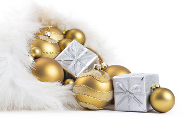 christmas gift box with golden balls