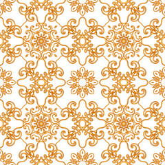 Seamless pattern. Golden textured curls. Oriental style arabesques. Brilliant lace, stylized flowers. Openwork weaving delicate, golden background, 3D rendering.