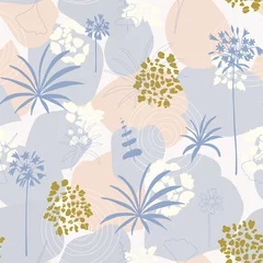 Gordijnen Vector organic seamless abstract background, botanical motif with stylized leaves, flowers and simple geometric shapes. Freehand doodles pattern. © dinadankersdesign