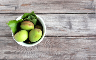 unripe fruits, green apricots in a bowl, flat lay, copy space, horizontal orientation