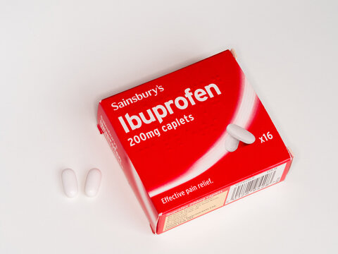 Sainsbury's Ibuprofen box of 200mg caplets at home. 3rd June, 2020. Supplies low in most UK supermarkets, stockpiling due to Covid-19 outbreak.